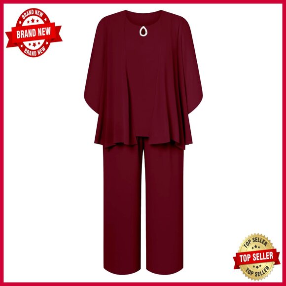 Pants - Elegant Chiffon Pant Set with Rhinestone Tank and Shrug for Wedding Guest